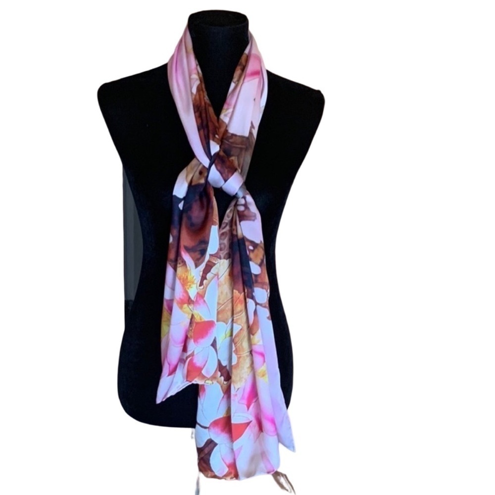 Large rectangular silk scarf with flowers and butterfly print
